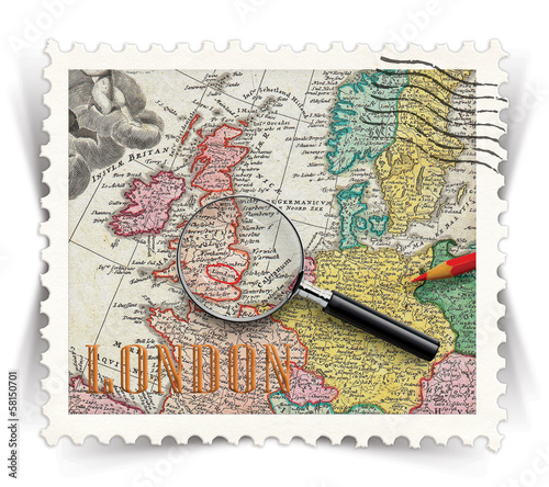 Label for London tourist products ads stylized as post stamp
