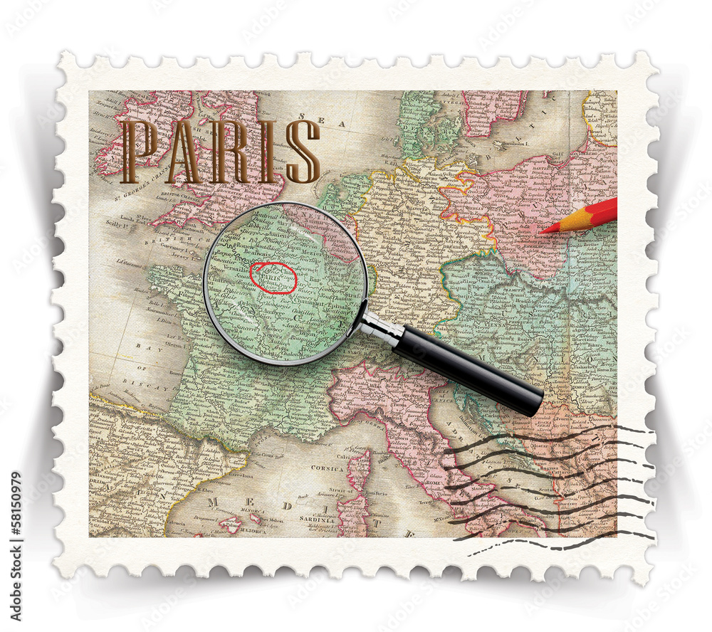 Label for Paris tourist products ads stylized as post stamp
