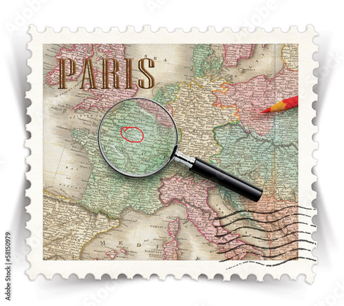 Label for Paris tourist products ads stylized as post stamp