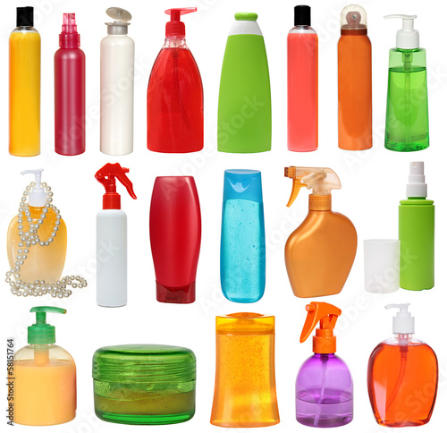 19 colored plastic bottles with liquid soap and shower gel