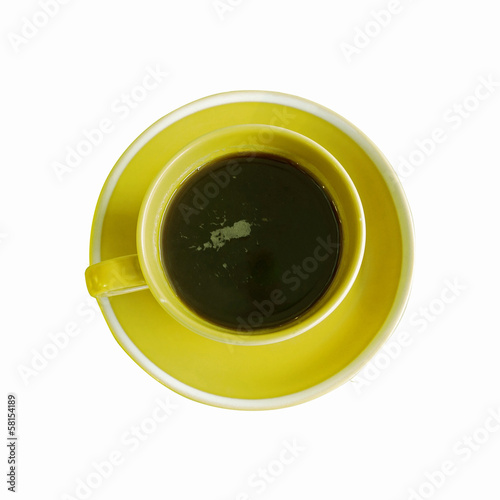 close up of coffee cup on white background