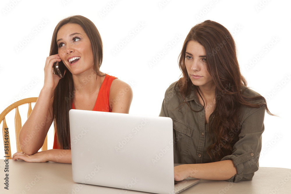 Two women computer one phone happy Two women computer one phone happy