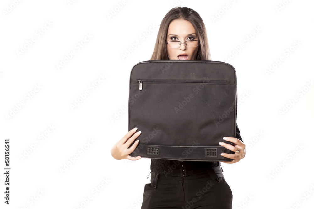 shocked girl holding an open laptop bag shocked girl holding an open laptop bag