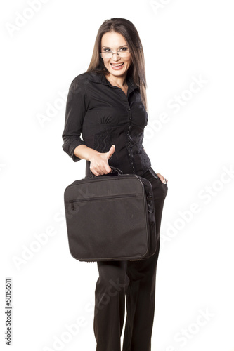 successful woman with laptop bag showing thumbs up