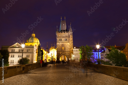 Tourists near Charles bridge in Prague at night