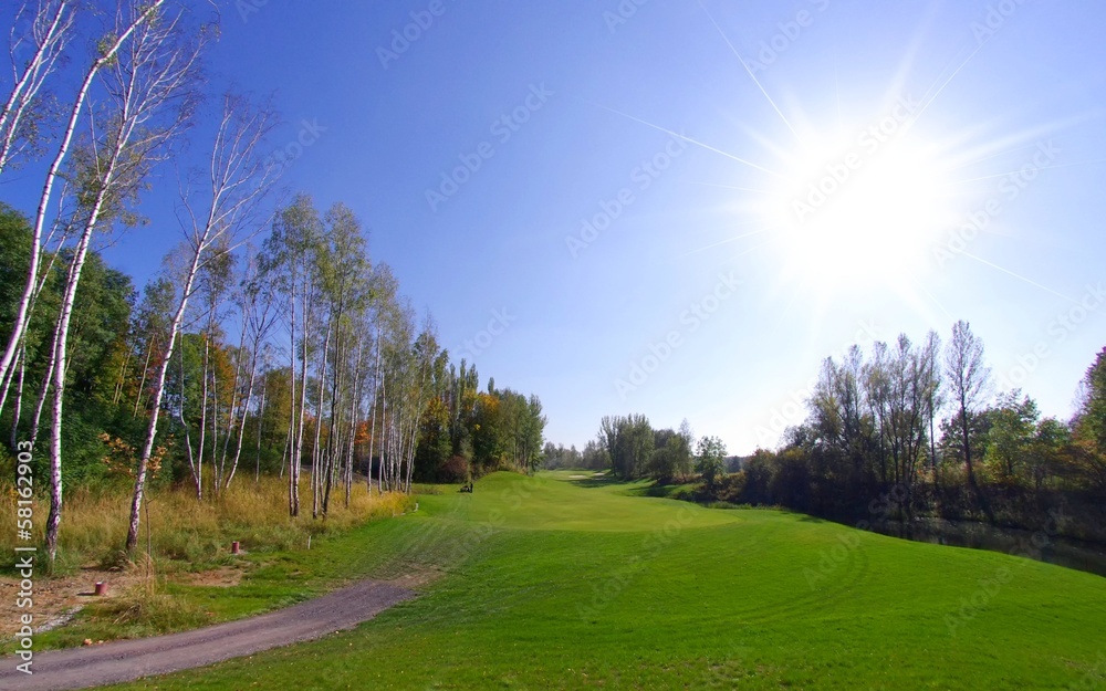 Golf course landscape view, green field