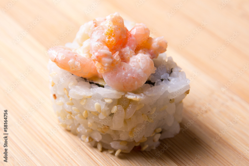 japanese sushi with shrimps on wooden desk japanese sushi with shrimps on wooden desk