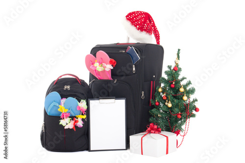 christmas trip - suitcase and packpack, giftbox, wishlist and ch photo