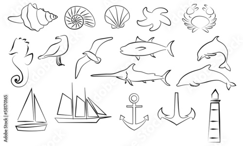 Maritime Silhouetten mit Fischen und Meer