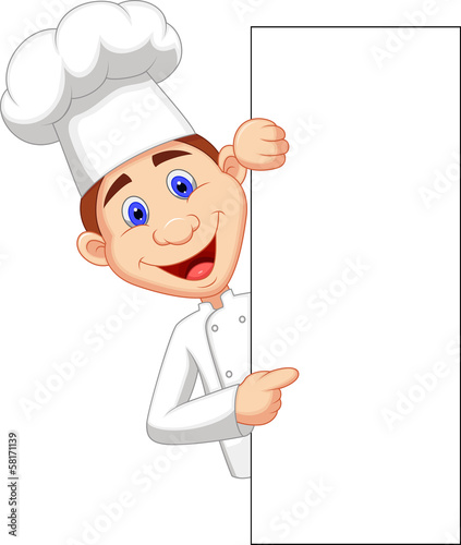 Happy chef holding blank sign