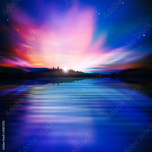 abstract background with forest lake and sunrise