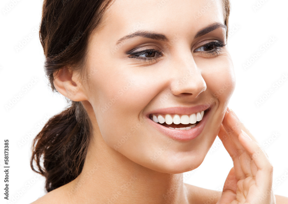 Woman touching skin or applying cream, isolated Woman touching skin or applying cream, isolated