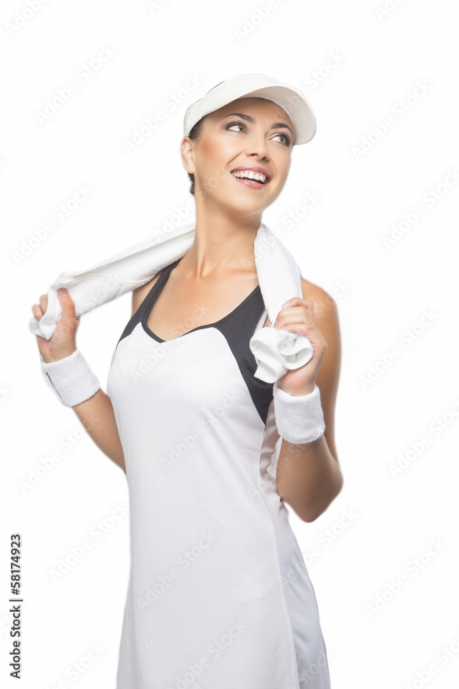 Portrait of Young Happy Tanned Caucasian Female Tennis Player Portrait of Young Happy Tanned Caucasian Female Tennis Player