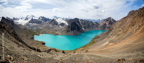 Wonderful panorama of Ala-Kul lake in Kyrgyzstan