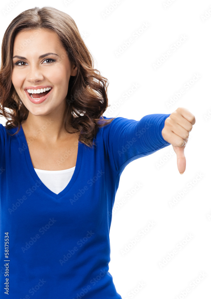 Fototapeta premium Woman showing thumbs down gesture, isolated