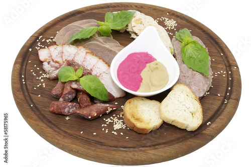 plate of sausage and bacon on white background