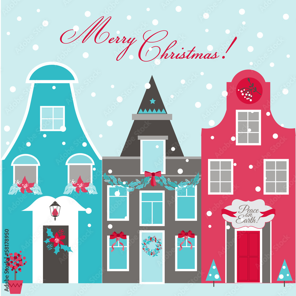Retro Christmas Invitation Card - Christmas Houses Theme