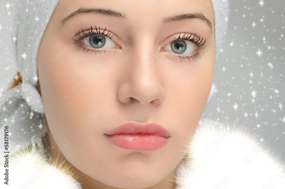 Close up portrait on beautiful woman face. Snow white