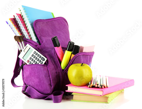 Fotografija Purple backpack with school supplies isolated on white
