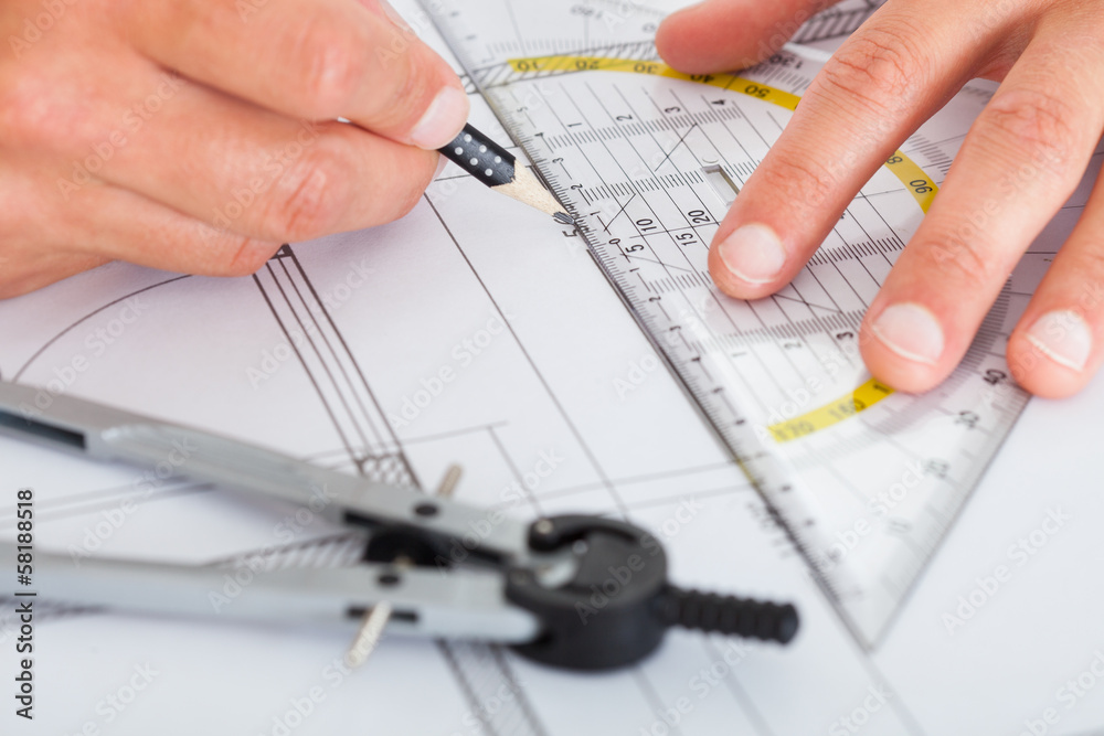 Architect Drawing On Blueprint Architect Drawing On Blueprint