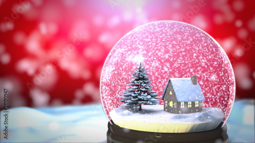 Christmas Snow globe Snowflake with Snowfall on Red Background