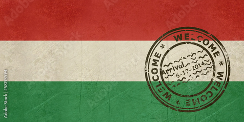 Photography Welcome to Hungary flag with passport stamp