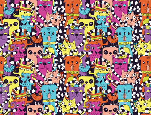 Seamless pattern with cute funny animals