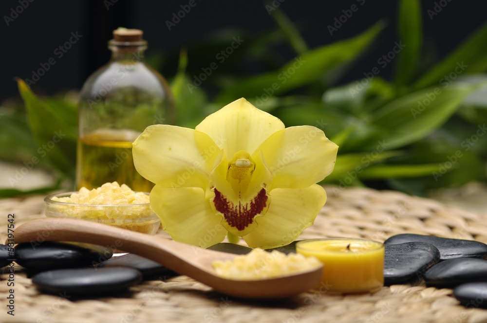 spa salt in spoon with orchid and stones with candle, spa salt in spoon with orchid and stones with candle,