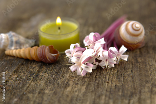 bunch of spring flower and candle with shell on old wooden