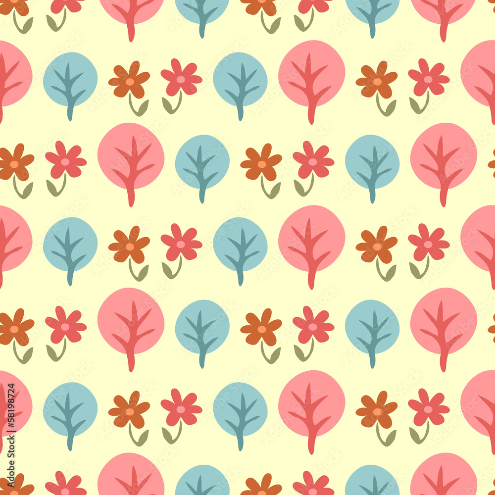 Cute childish seamless pattern with trees and flowers