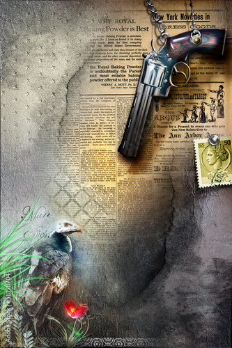 Background with revolver,stamp and gipsy photo