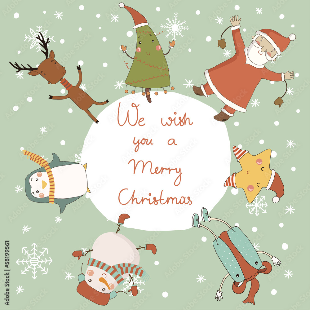 Fototapeta premium Christmas card with cartoon characters.