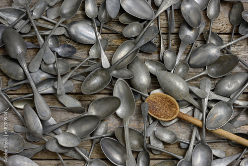 Quadro su tela an assortment of old pewter spoon