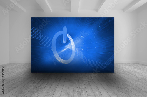 White room with blue picture of turn off button