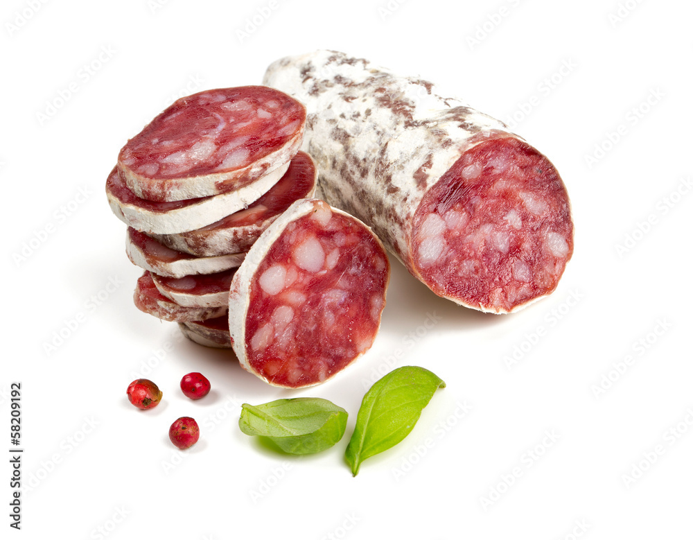 stacked sliced salami isolated on white stacked sliced salami isolated on white