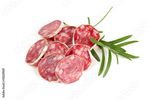 sliced salami isolated on white background