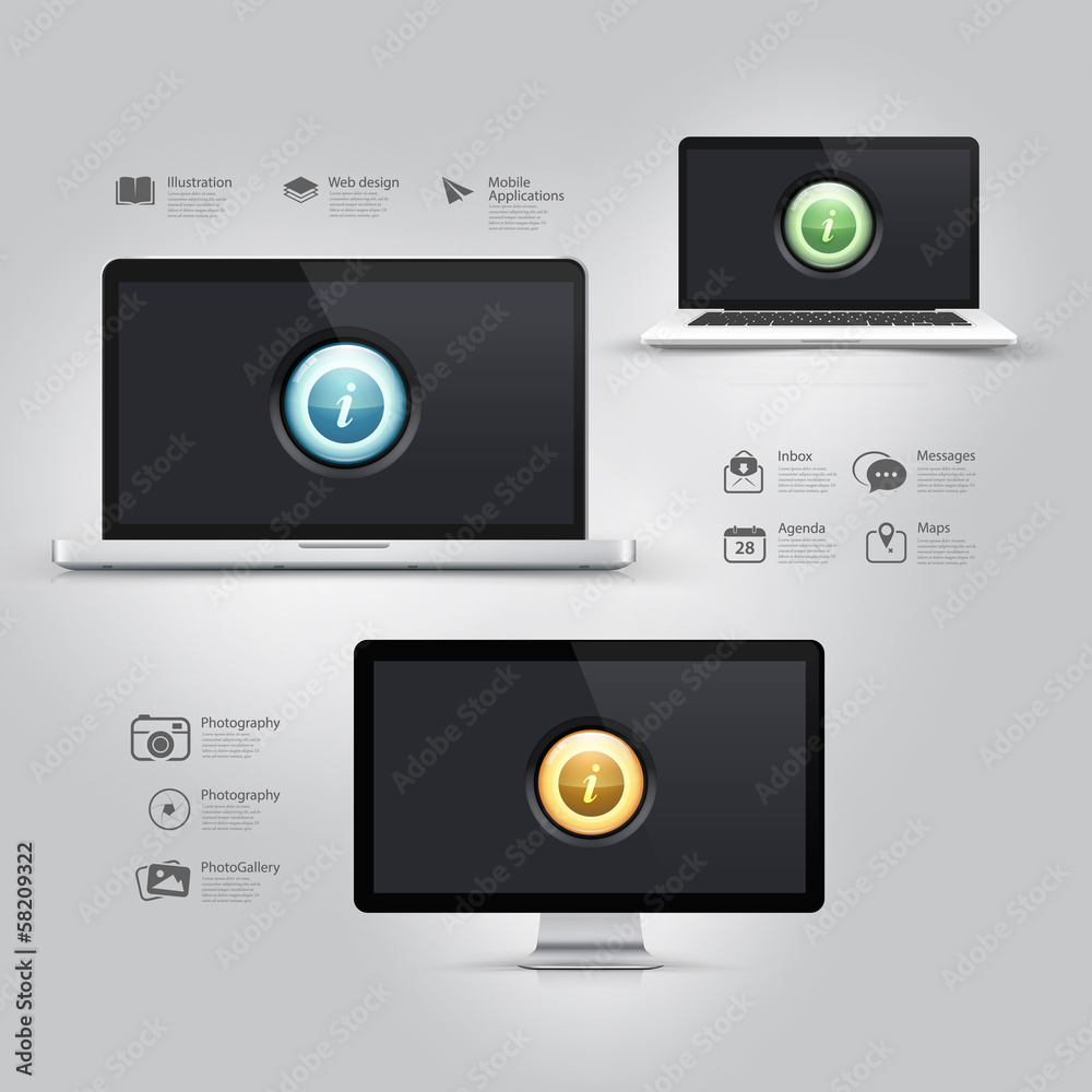 Infographics design:Computer, notebook, monitor and icons set Infographics design:Computer, notebook, monitor and icons set