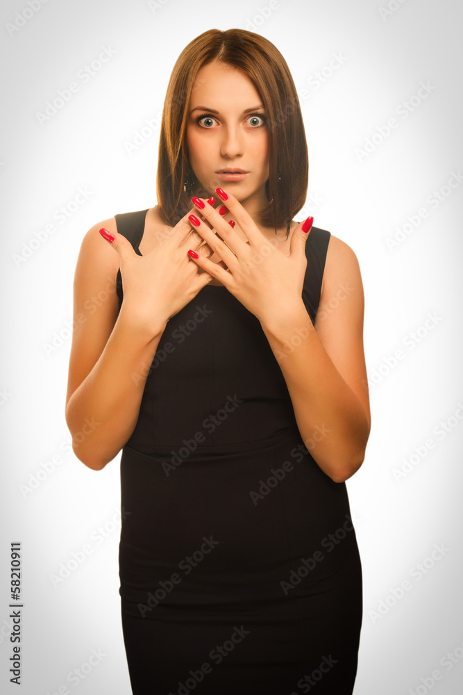 Surprised excited woman throws up his hands o Surprised excited woman throws up his hands o