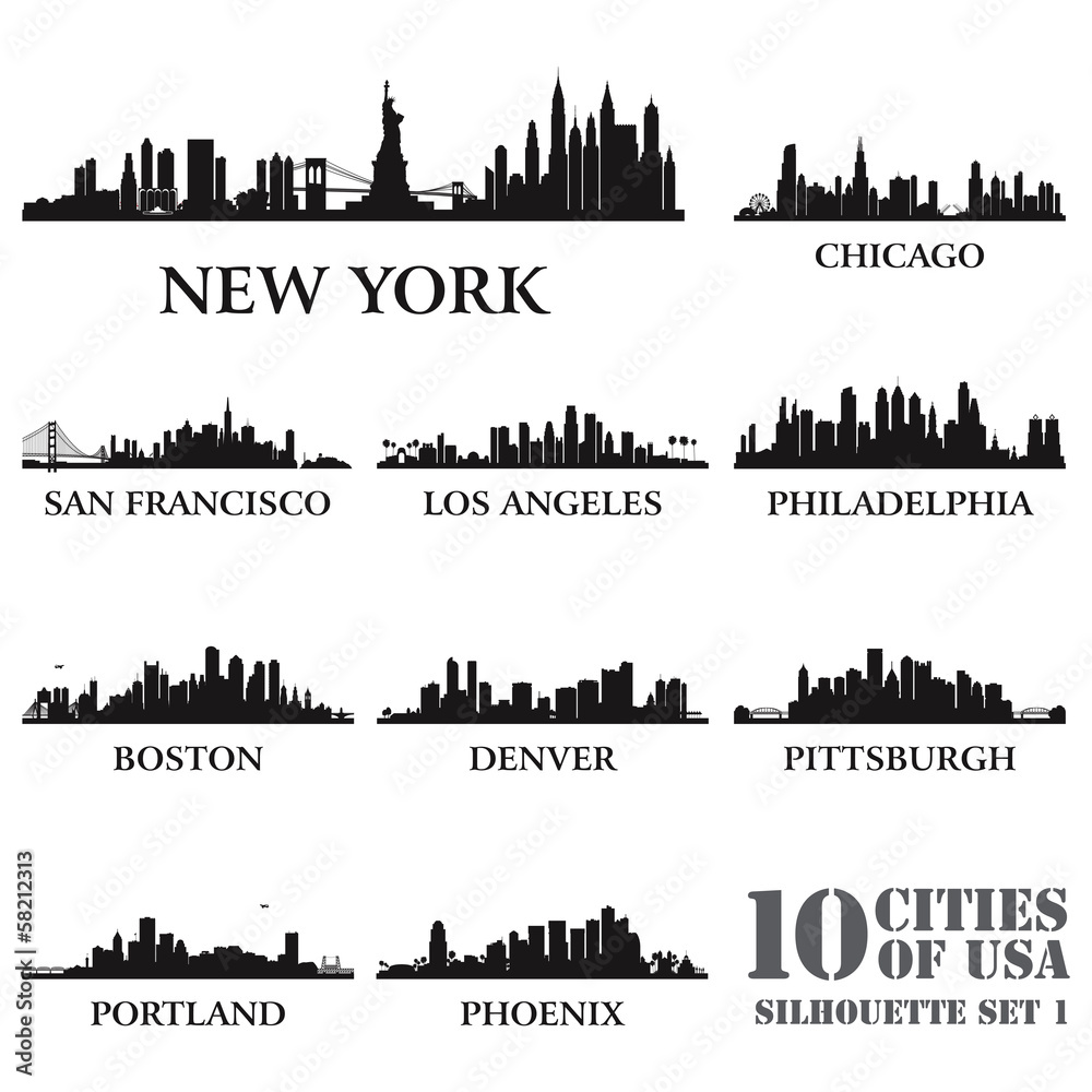 Silhouette city set of USA #1 - obrazy, fototapety, plakaty 
