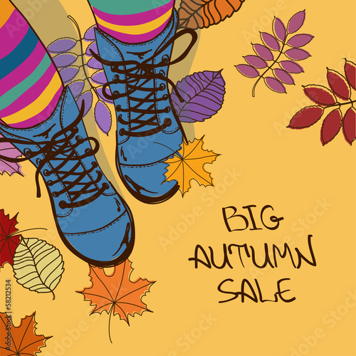 Autumn sale illustration with girls feet in boots