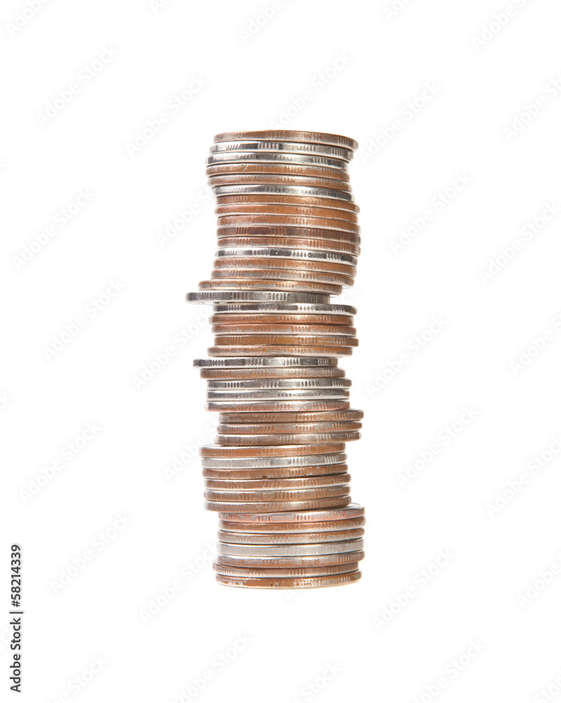 tall stack of coins on white background tall stack of coins on white background