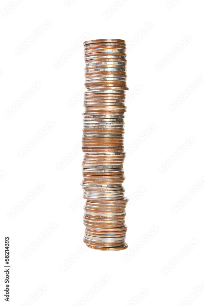 tall stack of coins on white background tall stack of coins on white background