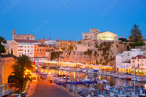 Ciutadella Menorca marina Port sunset town hall and cathedral photo