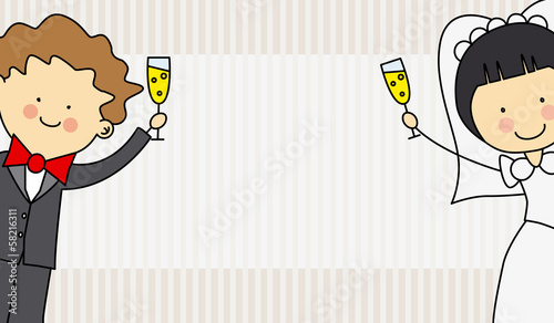 Wedding Invitation. Bride and groom toasting with champagne