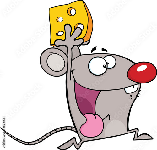 Happy Mouse Cartoon Mascot Character Running With Cheese