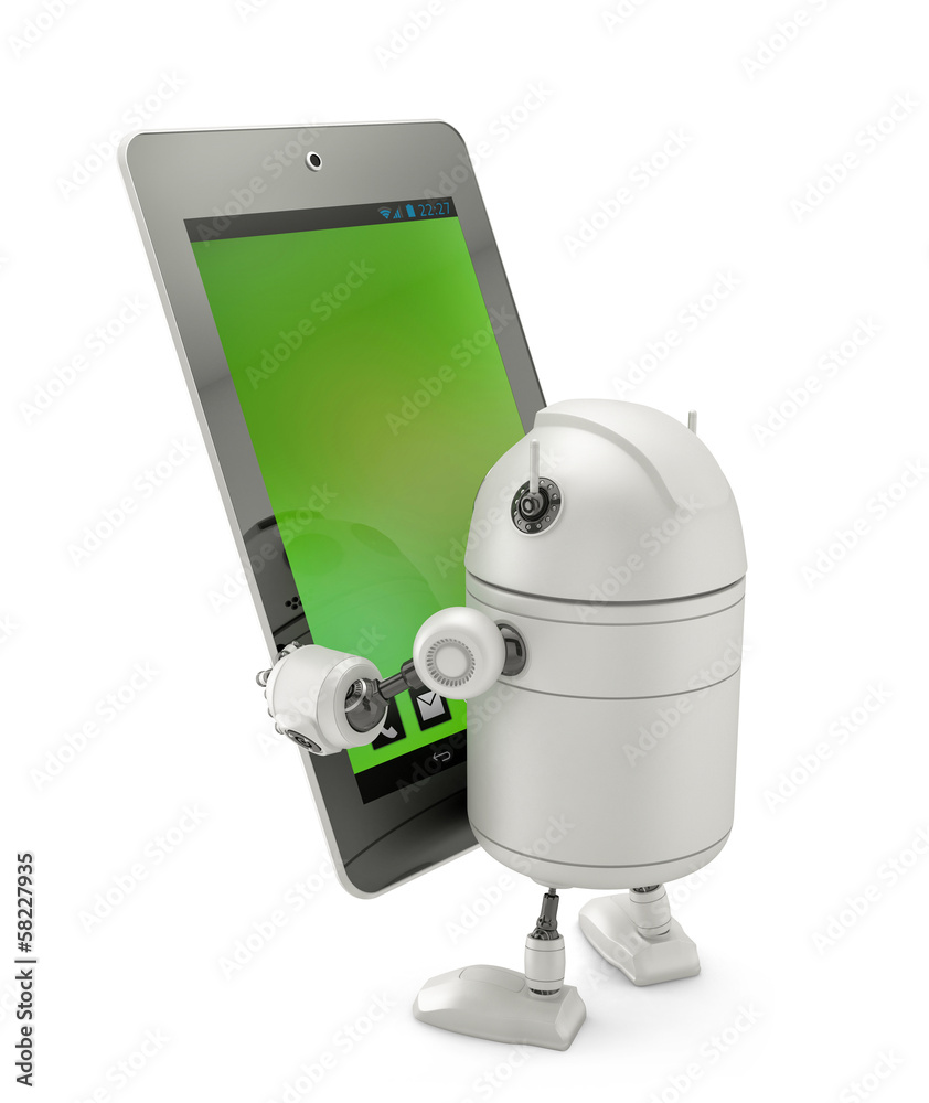 Robot looking at tablet computer. Robot looking at tablet computer.