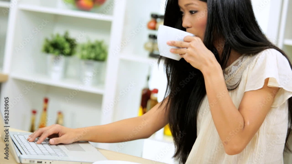 Close Up Asian Chinese Girl Laptop Kitchen Counter Close Up Asian Chinese Girl Laptop Kitchen Counter