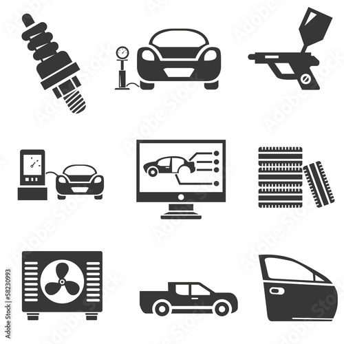 automotive icons, car parts and garage icons