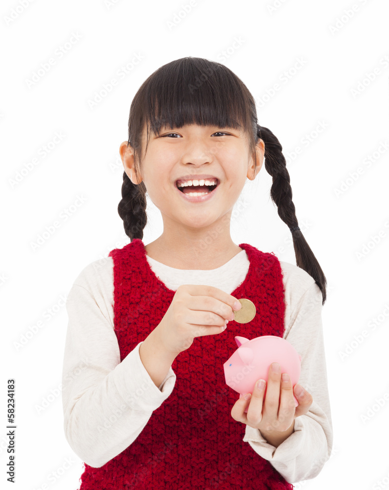 happy little girl save money with piggy bank happy little girl save money with piggy bank