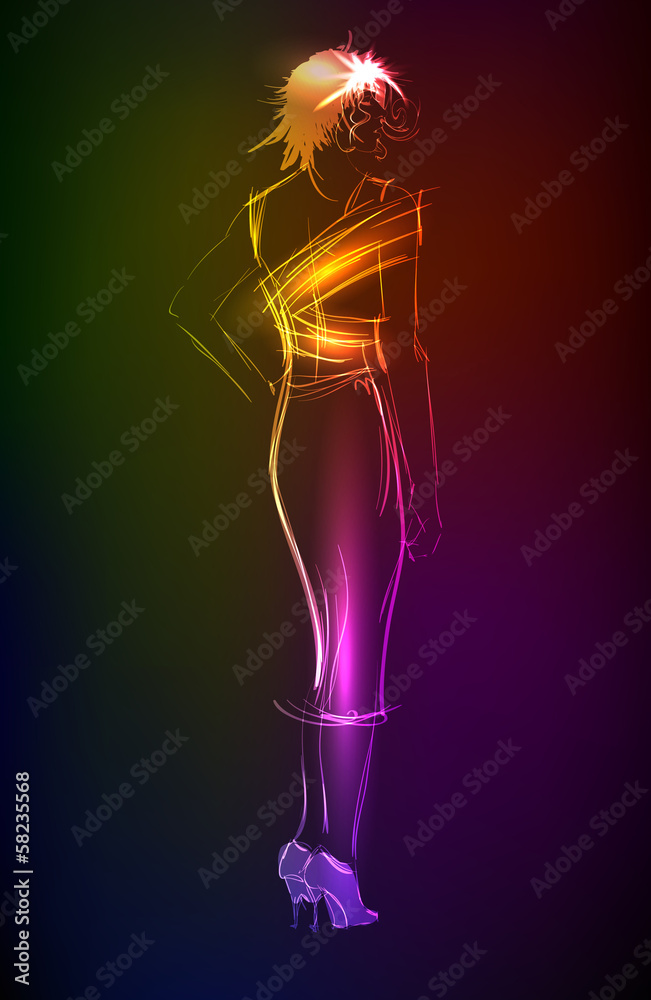Hand-drawn fashion model from a neon. A light girl's Hand-drawn fashion model from a neon. A light girl's